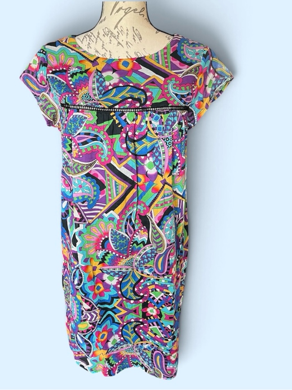 New Johnny Was, Floral Graffiti Midi Cap-Sleeve Shift Dress, Linen Small